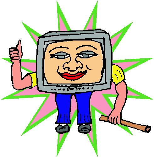 Cartoon character with TV head giving thumbs-up, holding bat, on starburst background.
