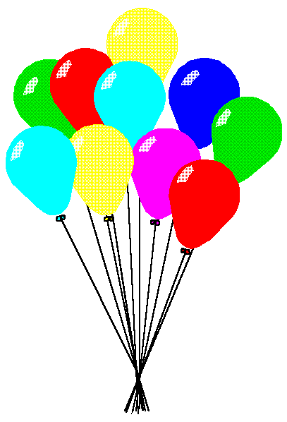 A vibrant cluster of colorful balloons-red, blue, green, yellow, cyan, and magenta-tied together with black strings against a white background.