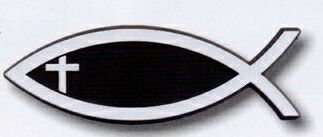 Black Ichthys (Christian fish symbol) with white outline and a white cross inside, on light background.