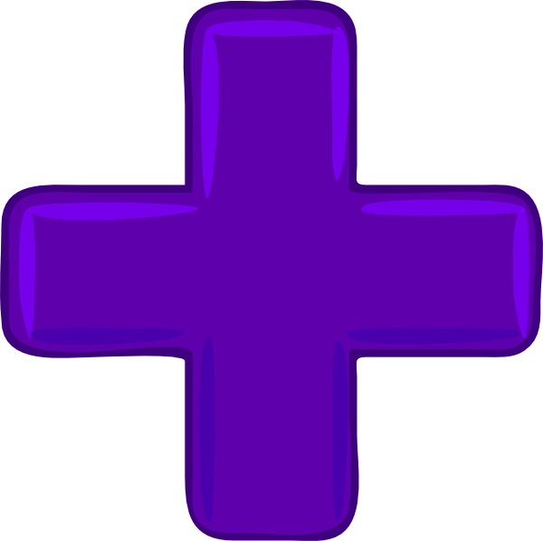 A glossy purple plus sign icon with rounded edges and gradient shading, isolated on white background.