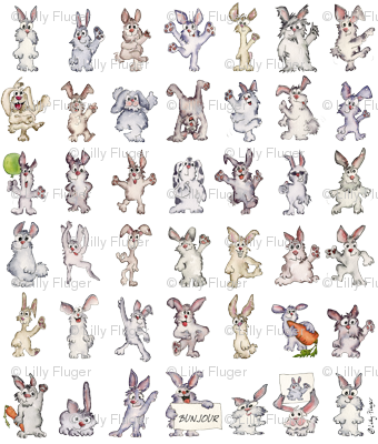 Grid of 36 pixel-art bunny characters in various poses and expressions, watermarked "Lilly Fluger".