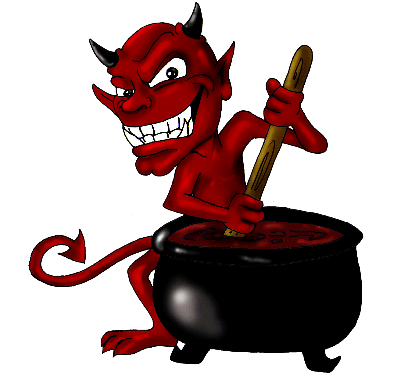 Red cartoon devil with horns and tail stirring a bubbling cauldron with a wooden spoon.
