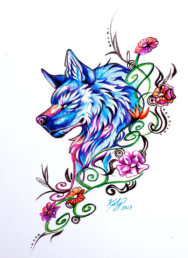 Realistic Wolf face with colored flowers by Rafael Marte TattooNOW