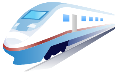 Modern high-speed bullet train in motion with sleek blue and white design and red accent stripe.