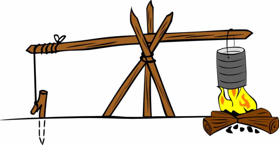 A wooden tripod supports a long pole with a metal pot hanging over a campfire, illustrating a traditional outdoor cooking setup.