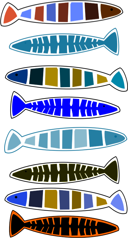 Eight colorful stylized fish illustrations arranged vertically on black background, featuring geometric patterns and bold outlines.