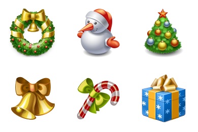 Six festive Christmas icons: wreath, snowman, tree, bells, candy cane, and gift box.