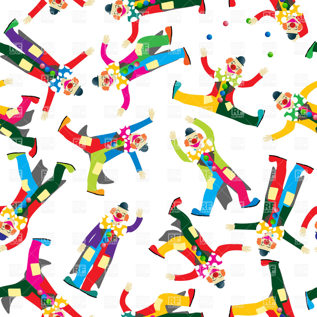 Colorful cartoon clowns in dynamic poses with polka dots, oversized shoes, and red noses on a white background.