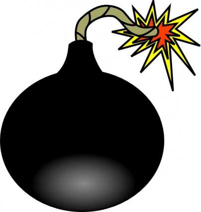 Black cartoon bomb with lit fuse and yellow-red explosion starburst.