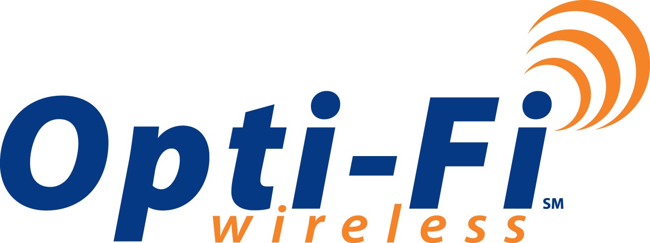 Opti-Fi Wireless logo featuring blue text and orange signal waves on white background