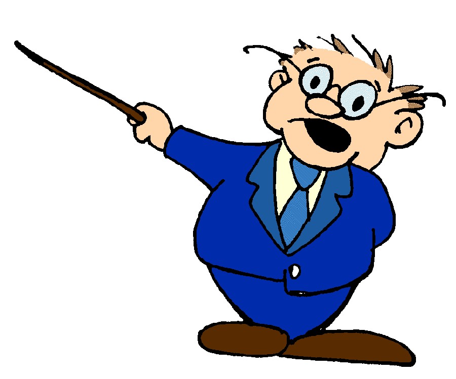 Cartoon teacher in blue suit pointing with a stick, enthusiastic expression.