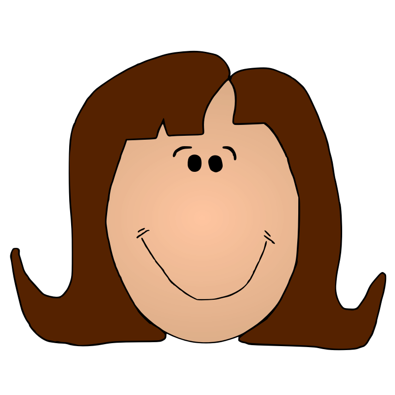 Cartoon-style smiling face with simple features, brown hair, and expressive eyes on a black background.
