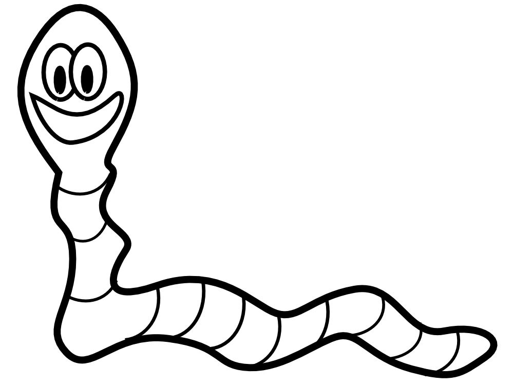 Friendly cartoon worm with big eyes and a smiling face, outlined in black on white background.