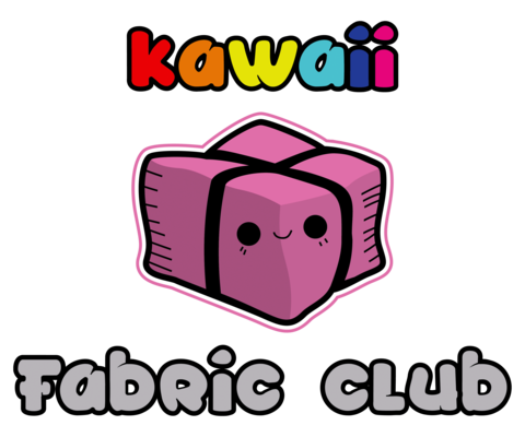 Kawaii Fabric Club logo featuring a smiling pink fabric bundle with colorful "kawaii" text above and "Fabric Club" below on black background.