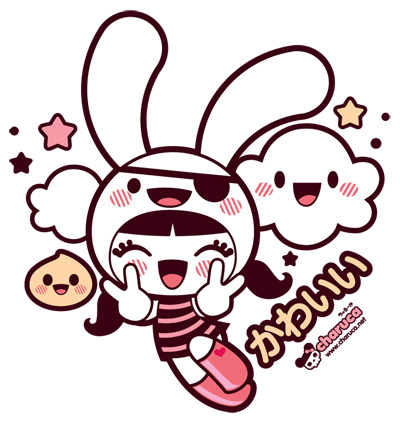 Cute cartoon bunny character with pirate eye patch, smiling and posing playfully with stars and cloud friends.