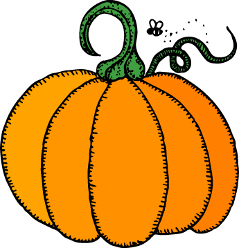 Bright orange cartoon pumpkin with green curly stem and a small white bug nearby.