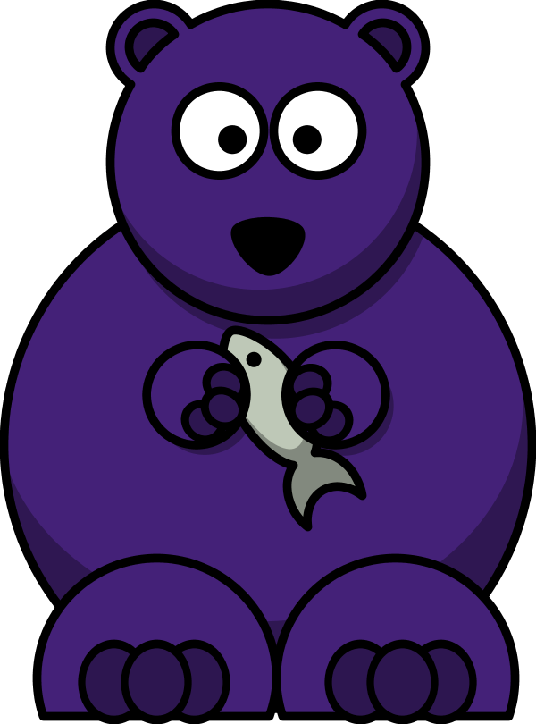 Purple cartoon bear holding a fish with wide eyes and surprised expression.