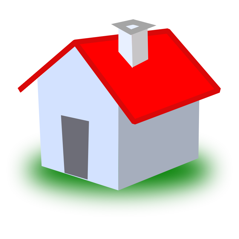 Simple 3D house icon with red roof, white walls, gray chimney, and green base on transparent background.