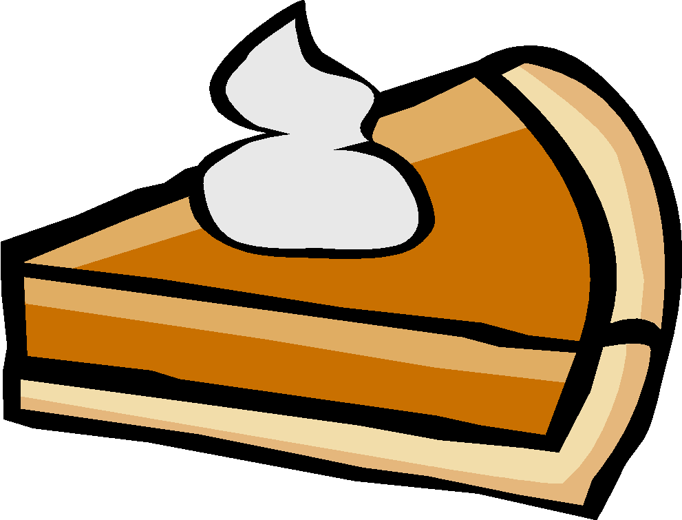 A cartoon-style slice of pumpkin pie topped with whipped cream, featuring a golden-brown crust and orange filling.