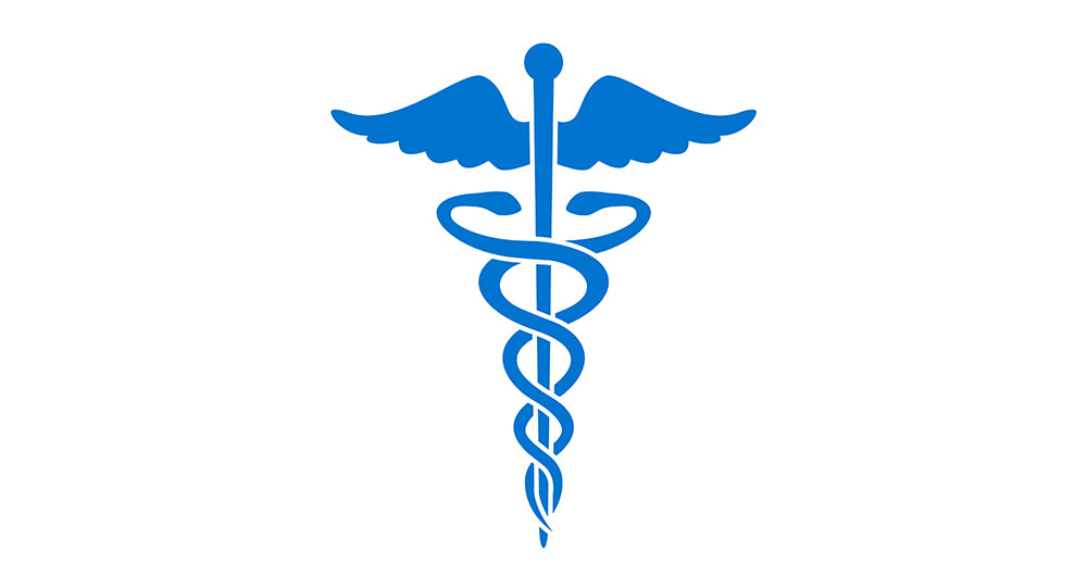 Blue caduceus symbol with winged staff and two intertwined snakes on white background.