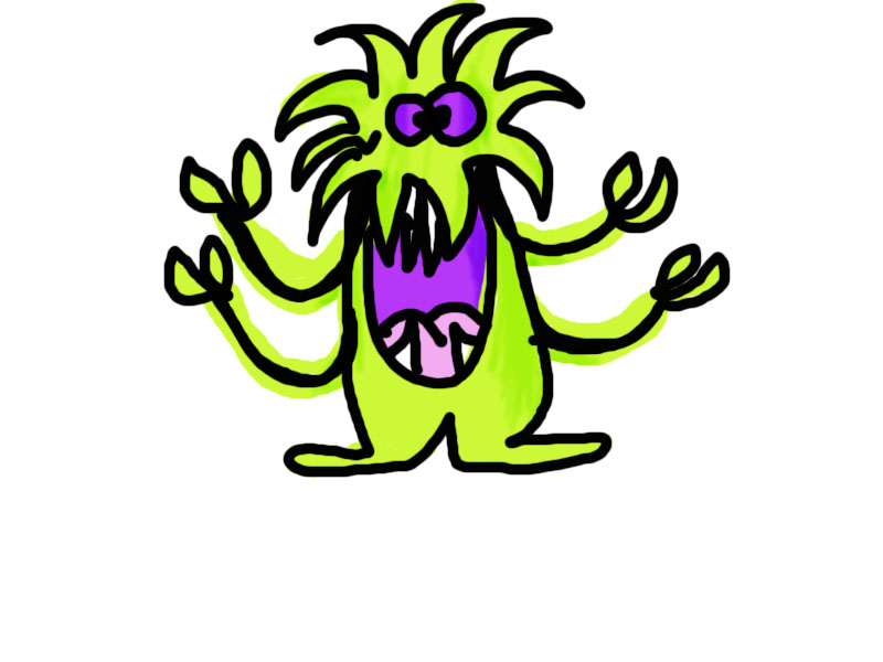 A cartoonish green monster with spiky hair, purple eyes, sharp teeth, and four arms raised in a playful or startled pose.