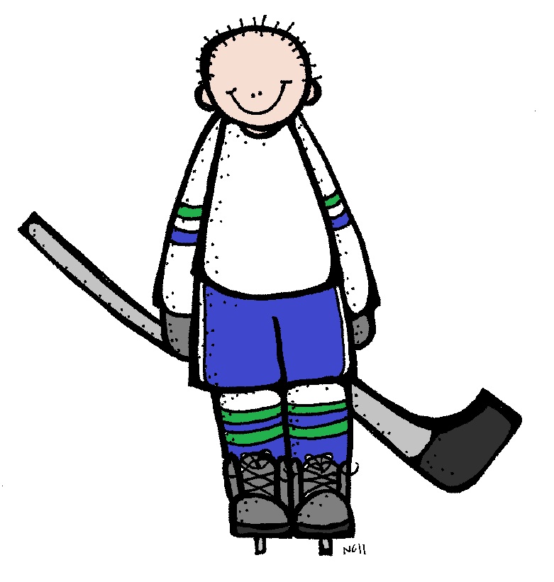 Smiling cartoon child in hockey gear holding a stick, wearing white jersey, blue shorts, and striped socks.