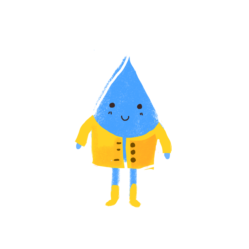 Cheerful blue water droplet character wearing a yellow raincoat and boots, smiling warmly.
