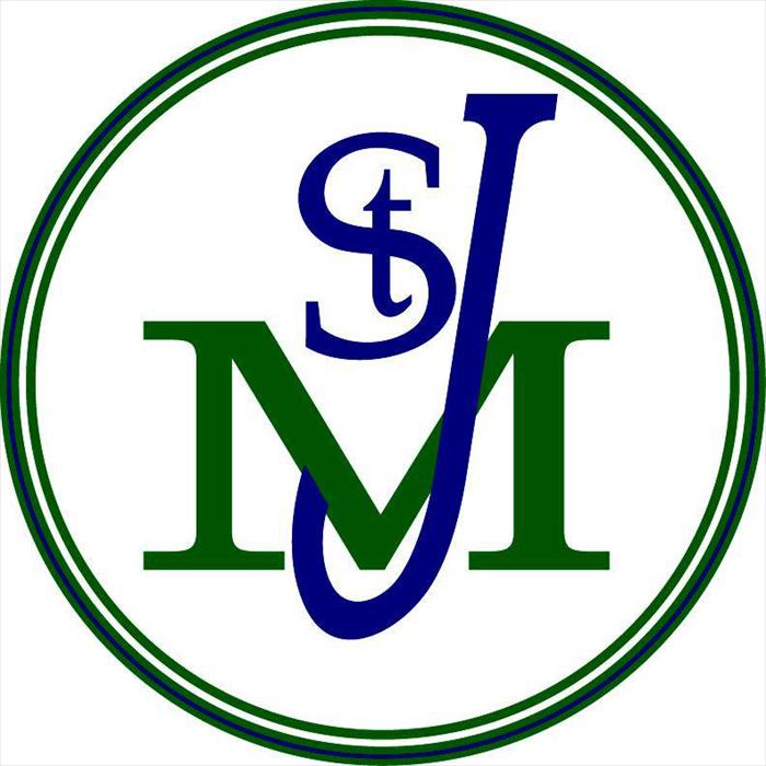 Circular logo with green "M" and blue stylized "SJ" monogram inside double green and blue rings.