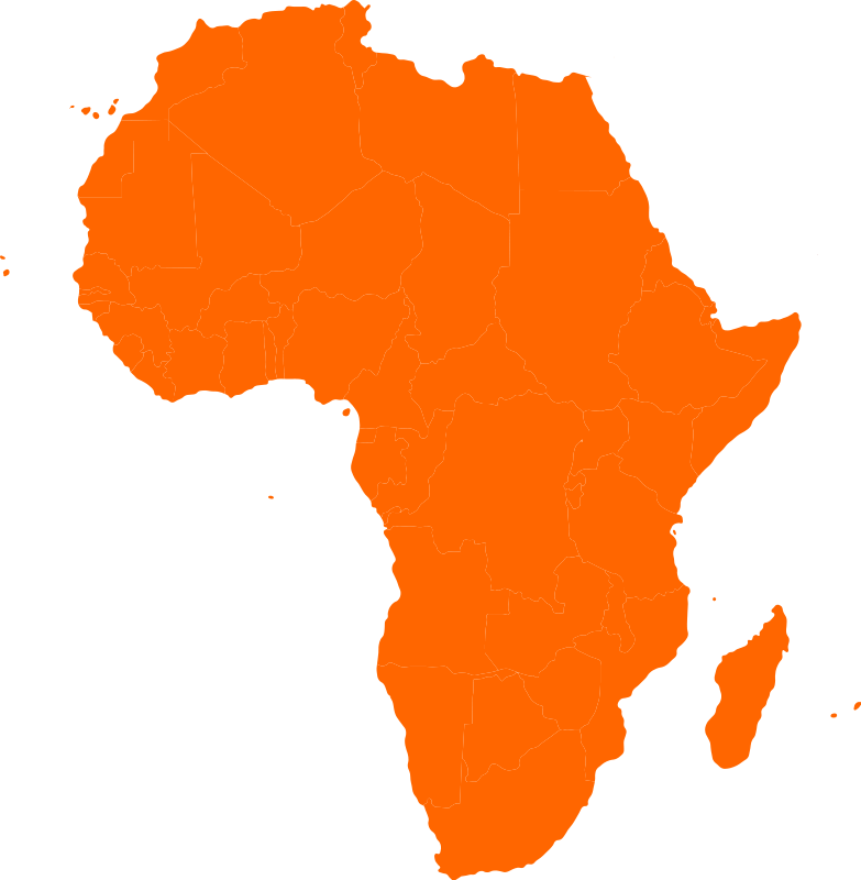Bright orange silhouette of the African continent on a black background.
