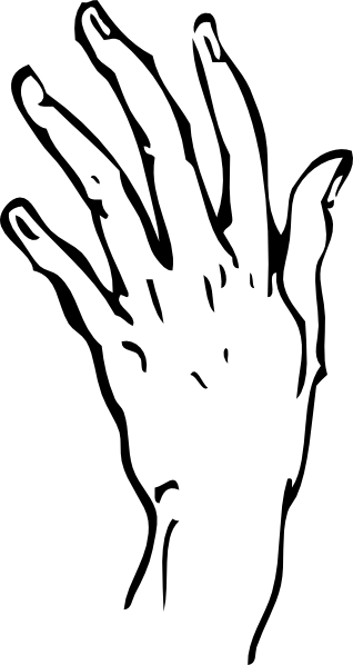 Black-and-white line drawing of a human hand with fingers spread open, palm facing forward.