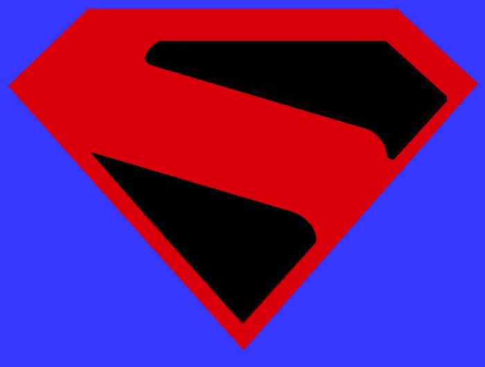 Classic red and black Superman 'S' shield logo on a vibrant blue background.