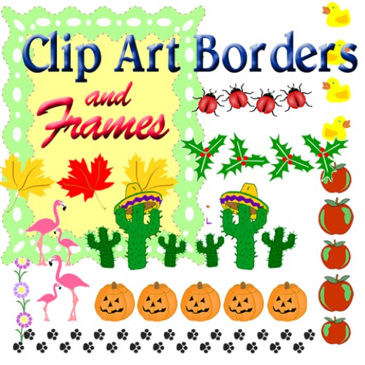 Colorful clip art borders and frames featuring cacti, pumpkins, flamingos, leaves, apples, ladybugs, and paw prints.