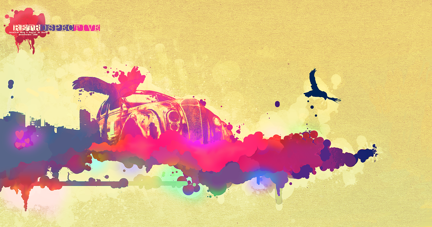 Vintage car with wings and vibrant paint splashes against a textured yellow background, evoking retro-futurism and artistic decay.
