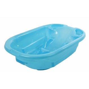 Light blue plastic baby bathtub with ergonomic design, contoured seat, and integrated handles for safe infant bathing.