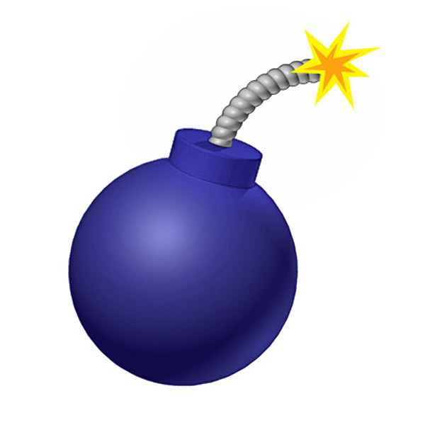 Blue cartoon bomb with lit fuse and yellow explosion star on white background