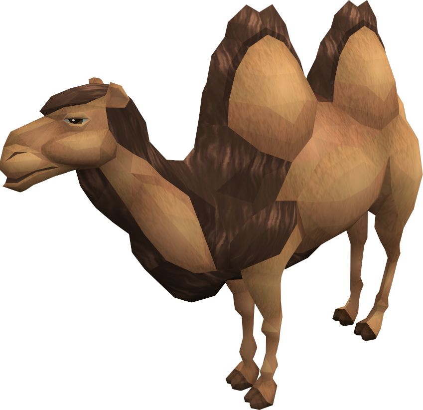 Low-poly 3D model of a two-humped Bactrian camel with textured brown fur and geometric shading, isolated on transparent background.