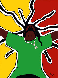 Stylized abstract portrait of a Black person with vibrant green shirt, red and yellow background, and dynamic white line patterns.