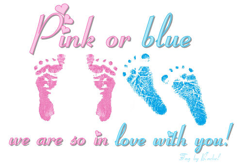 Pink and blue baby footprints with "Pink or Blue" text, celebrating gender reveal and parental love.