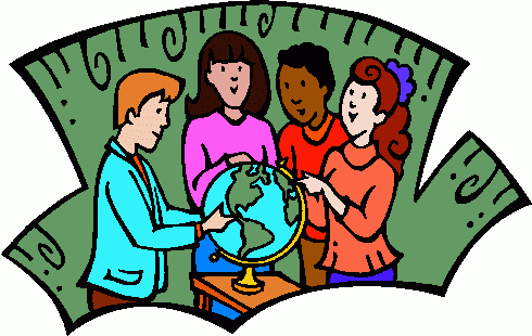 Four diverse students and a teacher gather around a globe, pointing and discussing geography in a classroom setting.