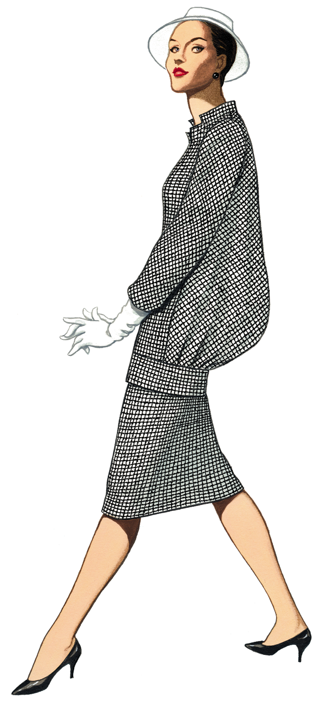Vintage 1950s woman in a black-and-white checkered suit, white hat, gloves, and black heels, walking confidently in profile.