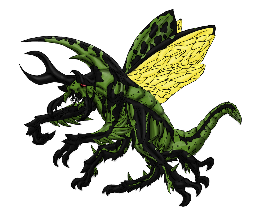 A menacing green-and-black insectoid monster with yellow veined wings, sharp claws, and glowing red eyes in a dynamic attack pose.