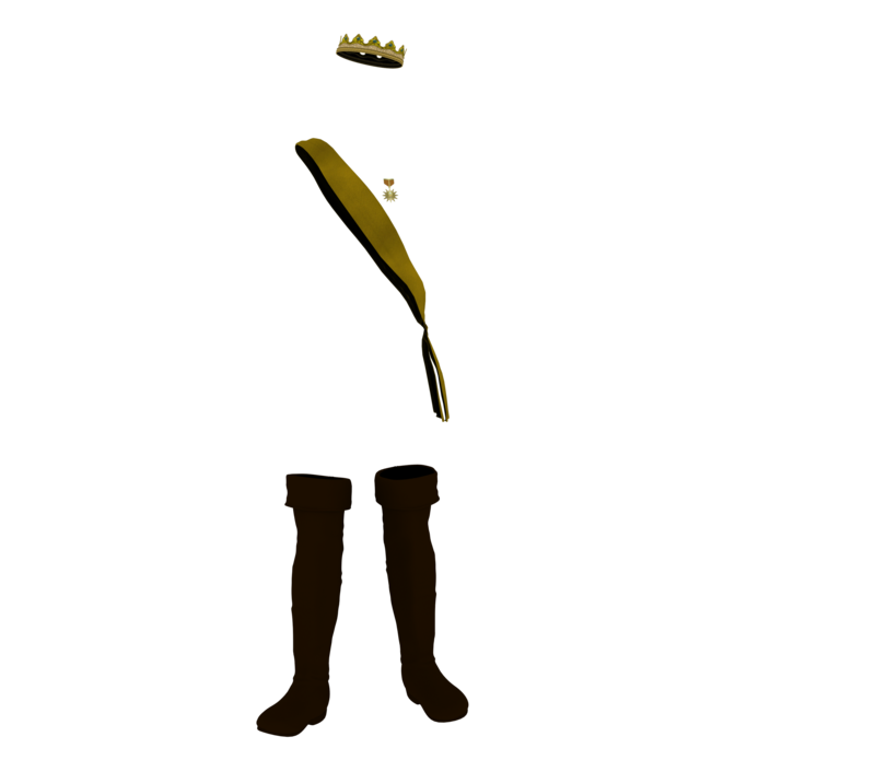 Golden crown, sash with medallion, and brown knee-high boots isolated on black background.