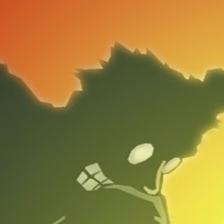 Silhouetted anime-style character with spiky hair and glowing eyes against a warm gradient sunset background.