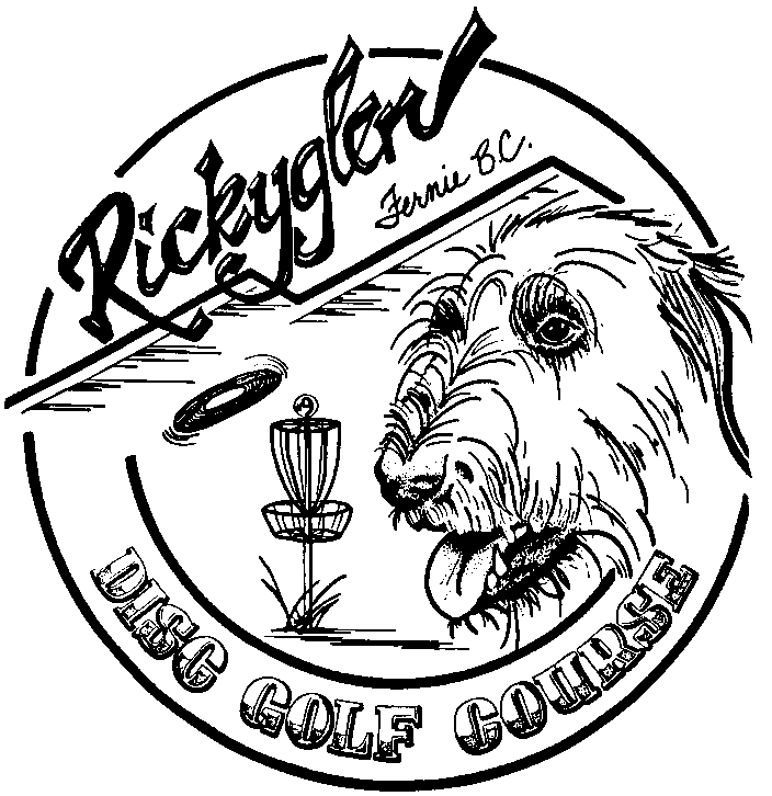 Rickyglen Disc Golf Course logo featuring a dog, disc, and basket in a circular emblem, located in Jernie, BC.