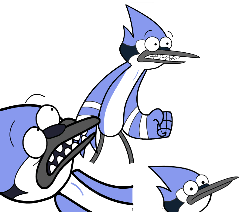 Three animated blue jay characters with exaggerated expressions, one mid-shout, another grinning widely, and a third looking surprised.