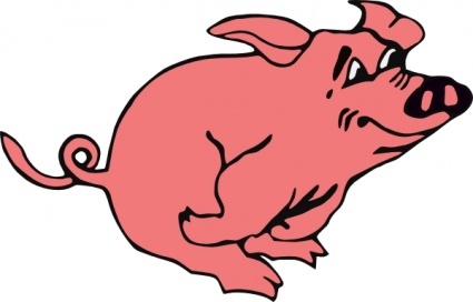 A cartoon pink pig running with a playful, mischievous expression and curly tail.
