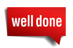 Red speech bubble with white text "well done" on white background, conveying praise or achievement.