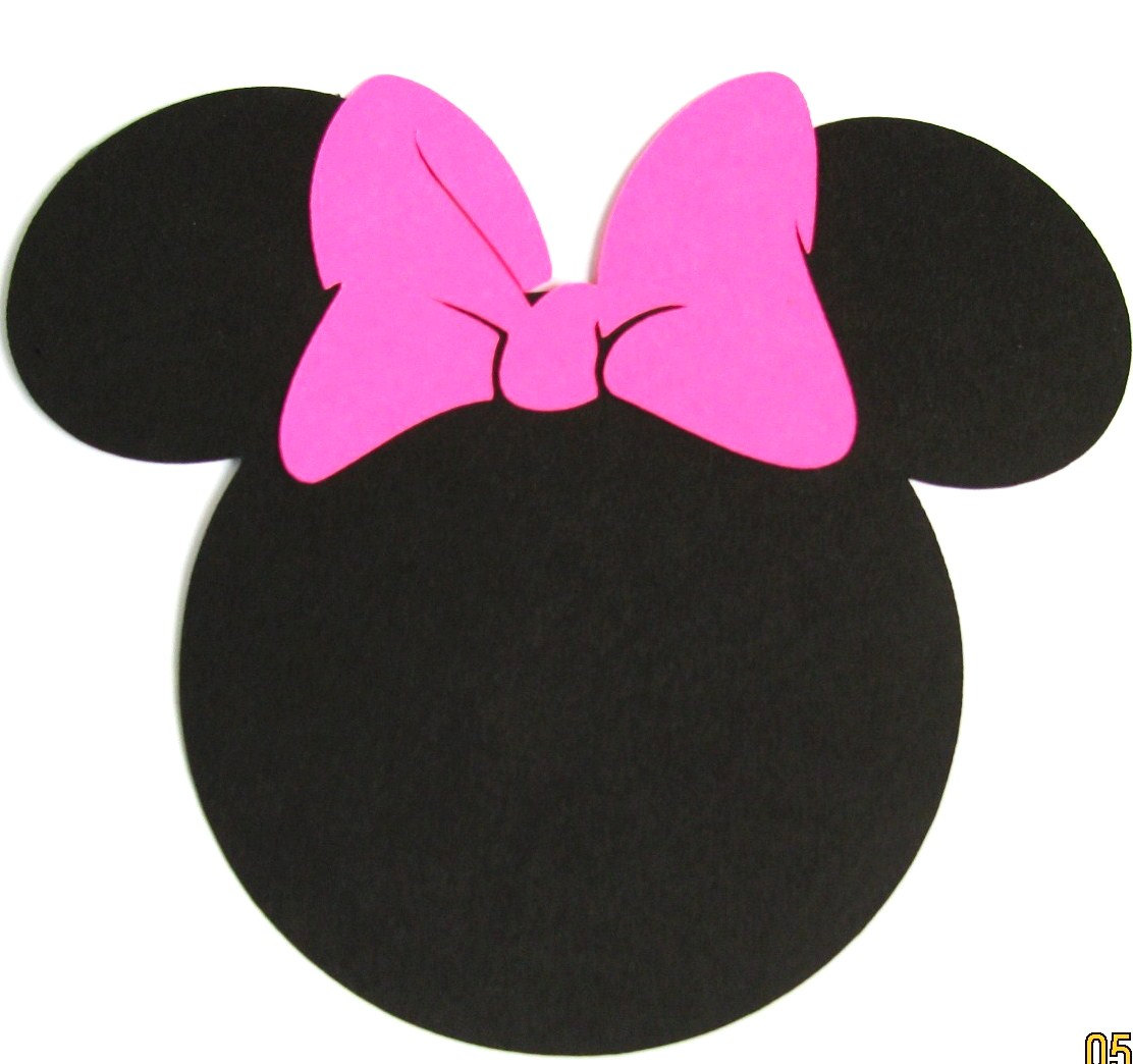 Black Minnie Mouse silhouette with a bright pink bow on white background