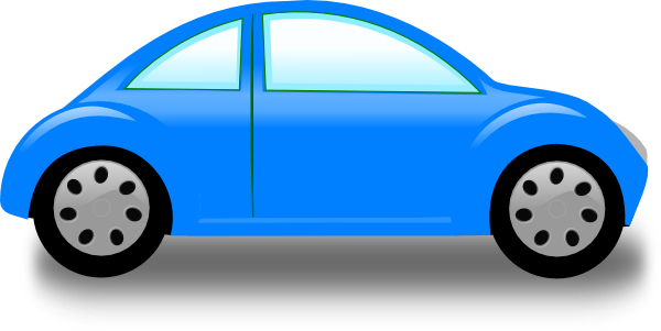 Bright blue cartoon-style compact car on a gray road surface, side view with shiny finish and silver wheels.