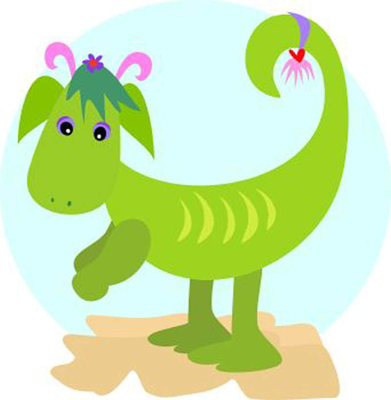 Cute green cartoon dragon with pink horns, purple eyes, and a flower on its head, standing on a sandy patch.